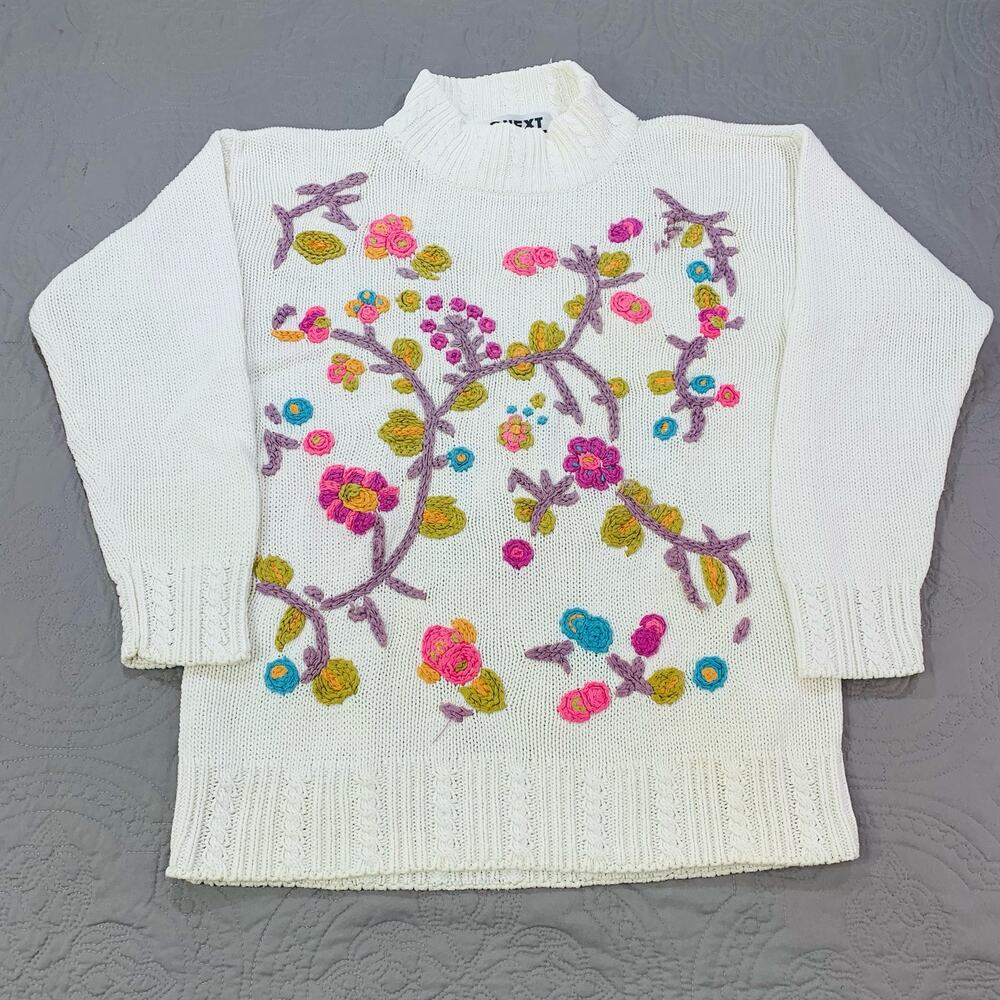 Next Issue Sweater Womens Medium Floral Crewel Embroidered Knit Ramie Mock‎ Neck